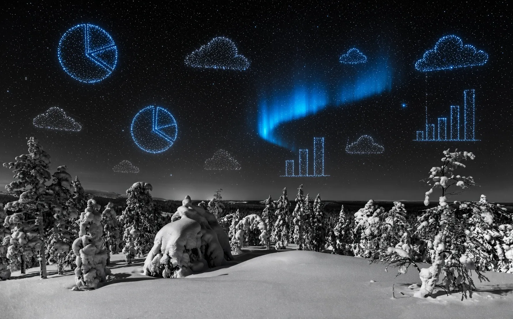 Tiedolla johtaminen: datakaaviot ja revontuli talvimaiseman yllä