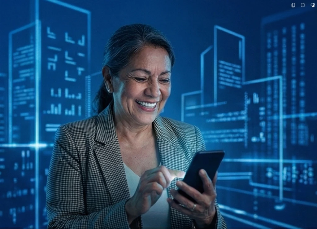 Valfi Lab partnership – business professional in a digital cityscape