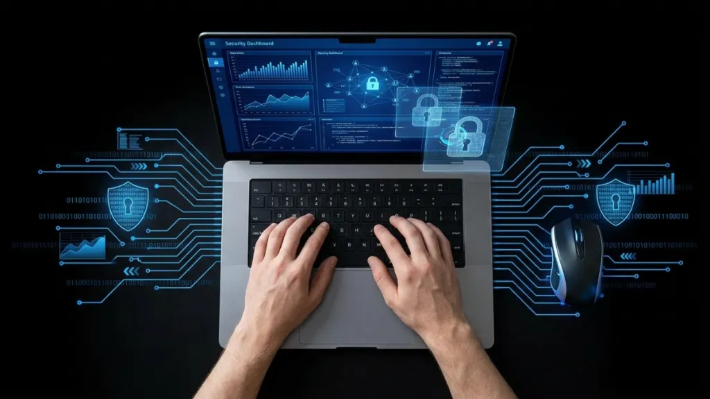 Cybersecurity monitoring dashboard on a computer screen