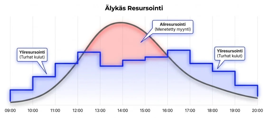 Älykäs resursointi -graafi: kävijävirran perusteella optimoitu henkilöstön mitoitus estää yliresursoinnin ja aliresursoinnin
