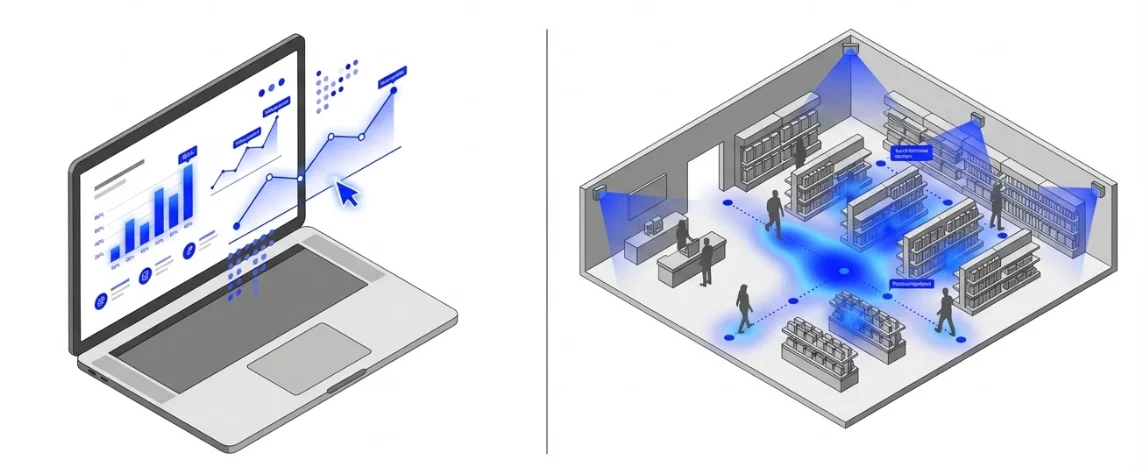 People counter analytics dashboard and heat map overlaid on a store floor plan – customer flows visualised in real time