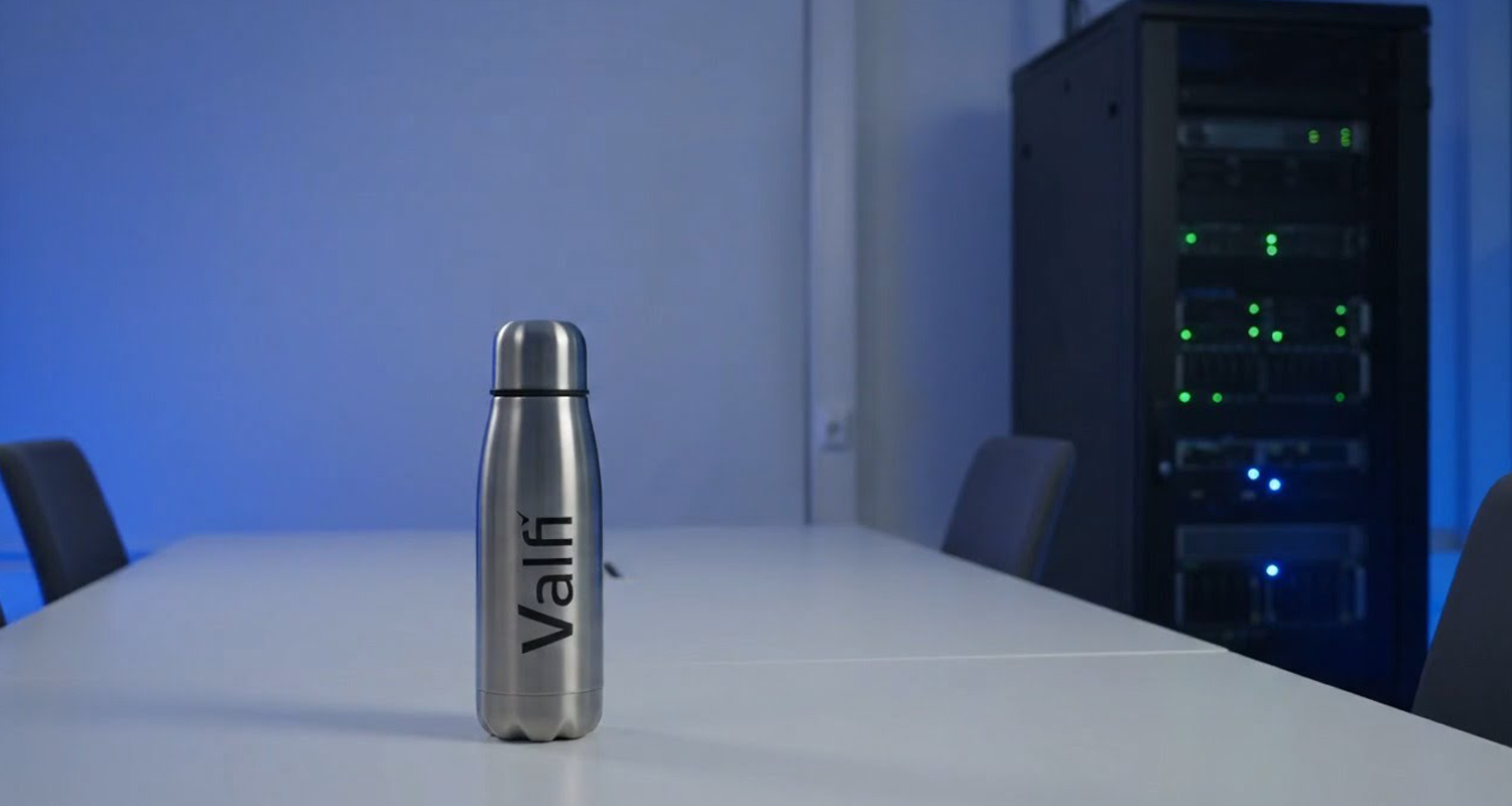 Valfi thermos on a conference room table with a server cabinet in the background